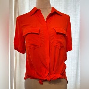 Button-Front Short-Sleeve Tie-Hem Shirt in Bright Orange